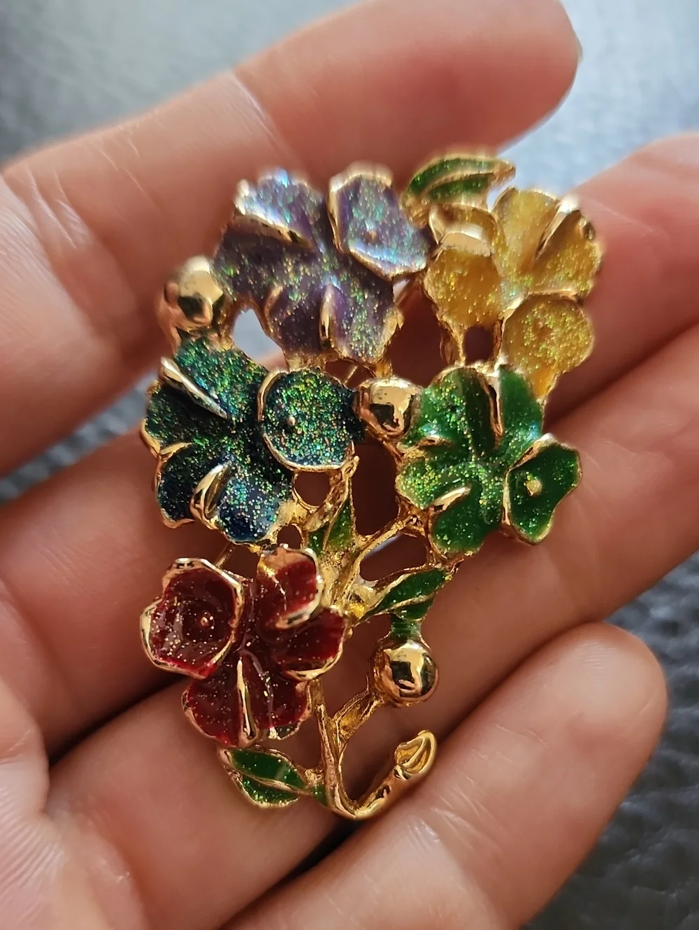 VTG Gold Floral Enamel Brooch with Multicolor Flowers